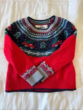 Boden Red Fair Isle Scoopneck Sweater with Navy Yoke